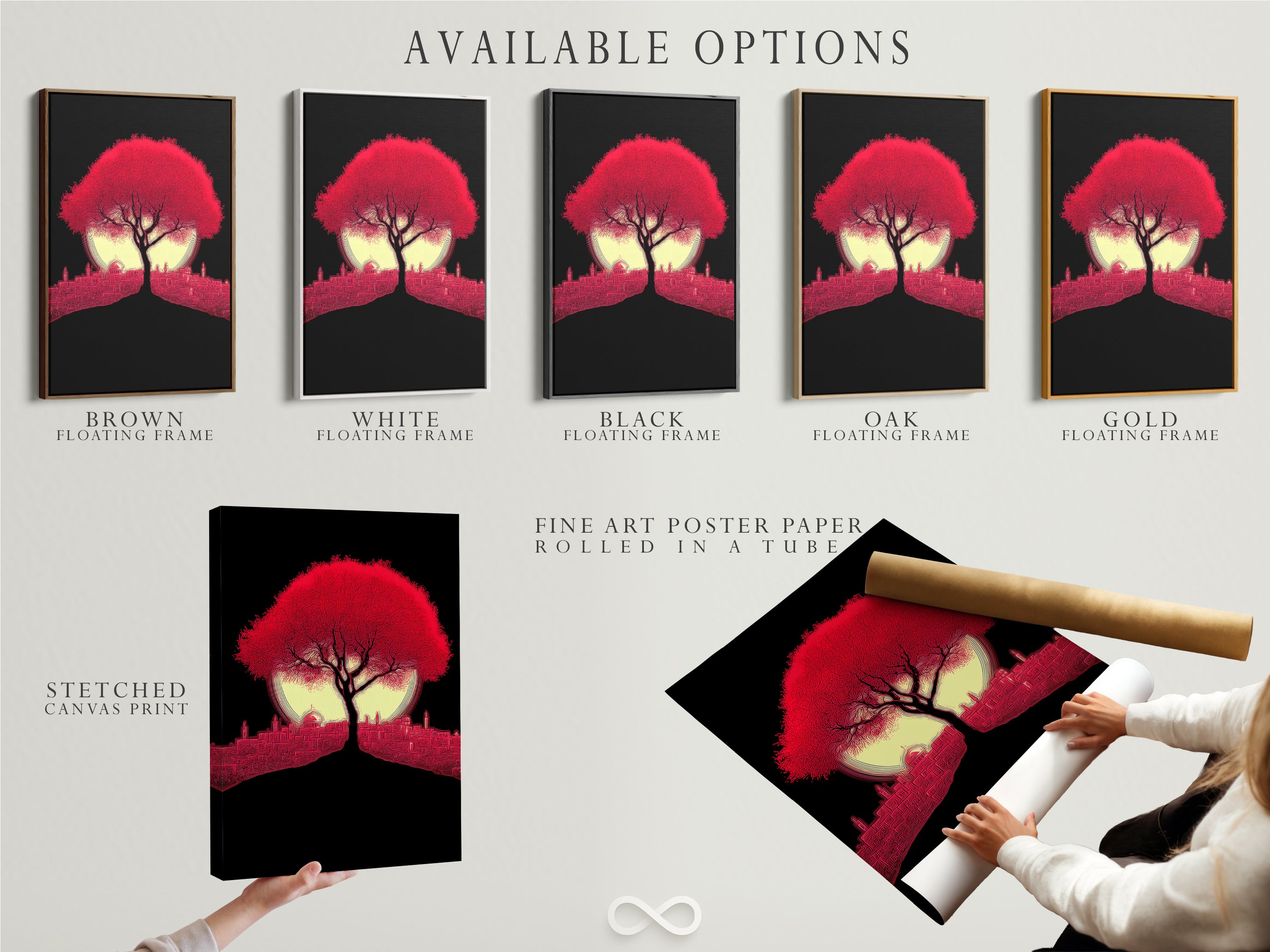 Available options for the Crimson Tree artwork. Stretched canvas print fine art poster paper and floating frame styles. The red cityscape wall art is a modern silhouette. Choose the perfect format to suit your personal style and decor needs.