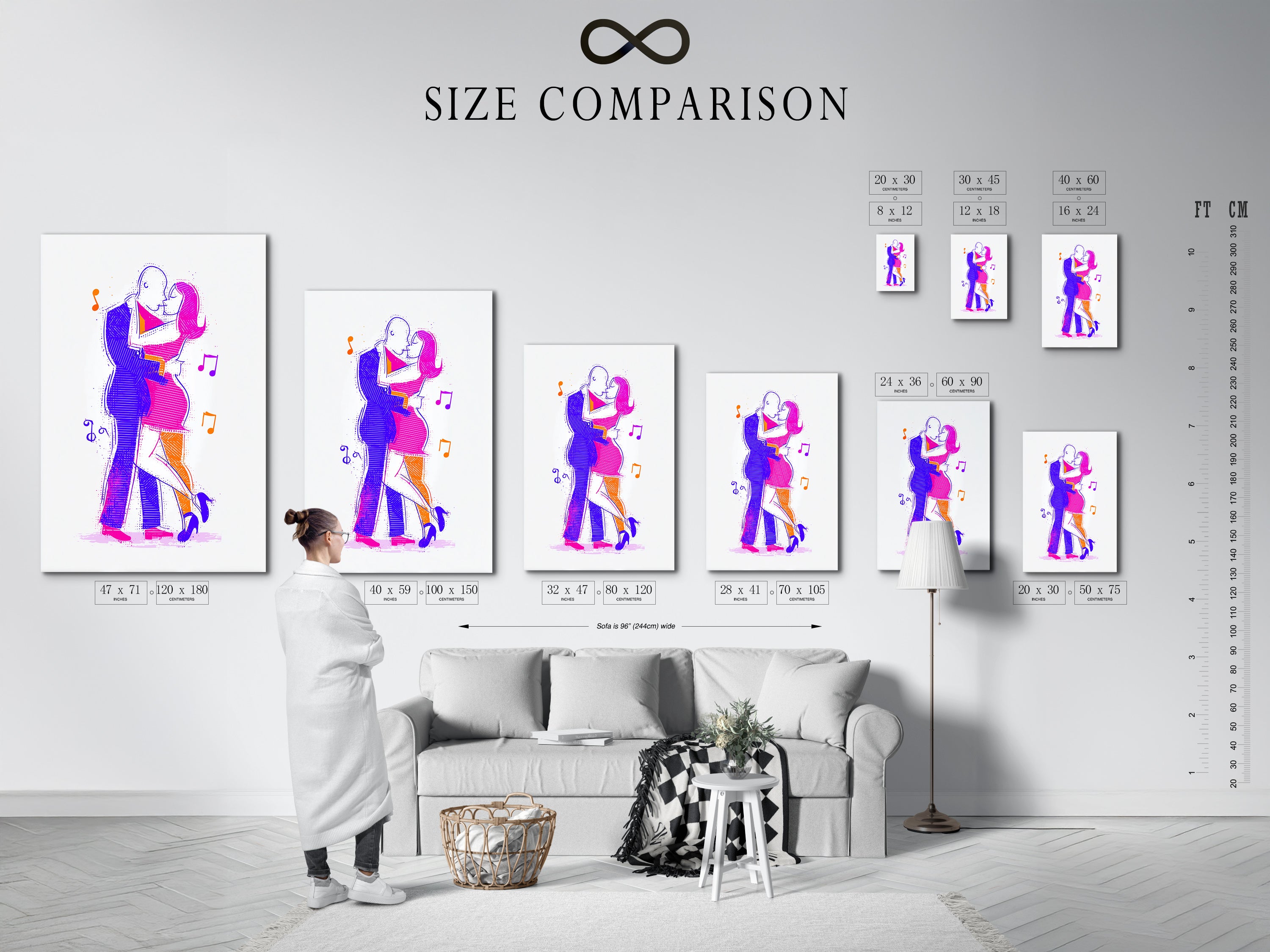 A size comparison chart is displayed in an interior setting. The dancing couple art is available in various sizes. Abstract figures are visible. This modern line art complements any decor. Find the perfect size for your space.