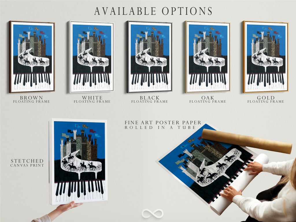 Available options for the Piano Castle artwork are displayed. Choose from a stretched canvas print a fine art poster paper or a floating frame. This whimsical artwork is perfect for music rooms and art collectors. Find your ideal piece today.