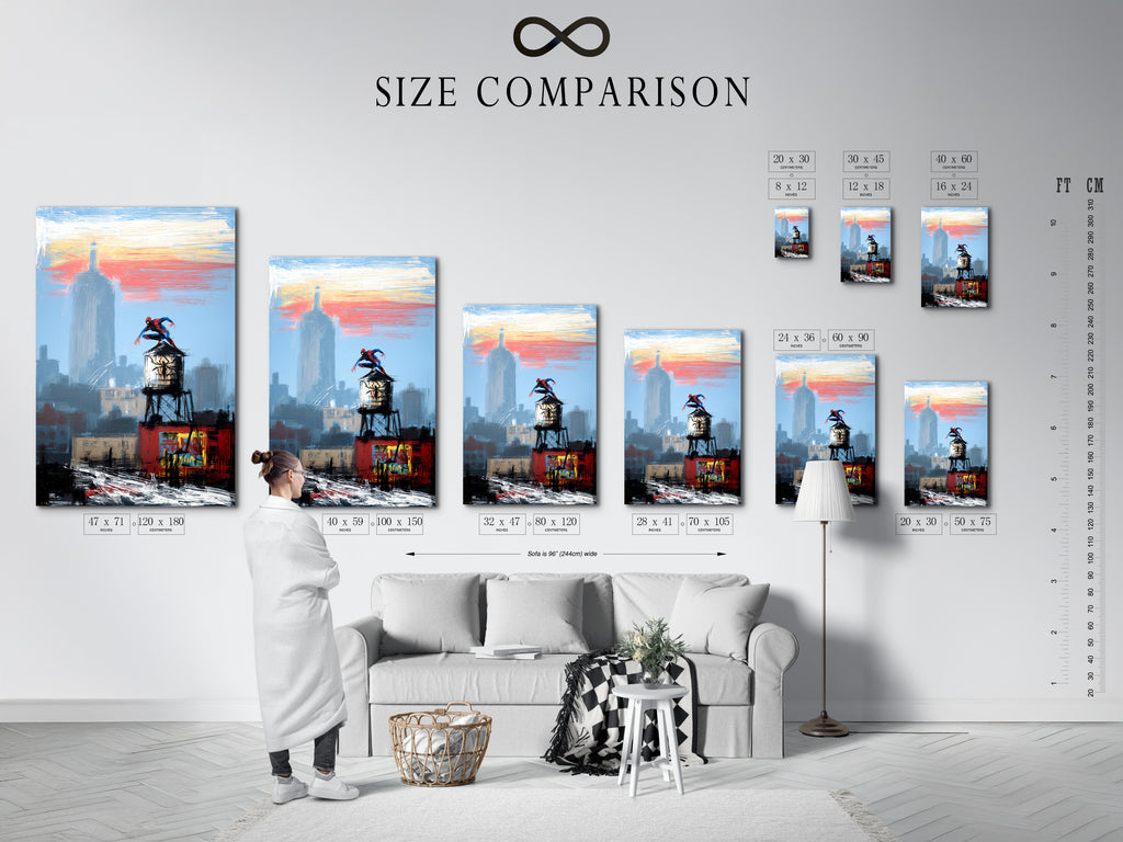 Size comparison chart displayed in an interior setting. See how different sizes of the NYC Cityscape Canvas Print fit various spaces. Plan your wall art arrangement for a superhero and urban-themed decor.