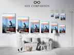 Size comparison chart displayed in an interior setting. See how different sizes of the NYC Cityscape Canvas Print fit various spaces. Plan your wall art arrangement for a superhero and urban-themed decor.