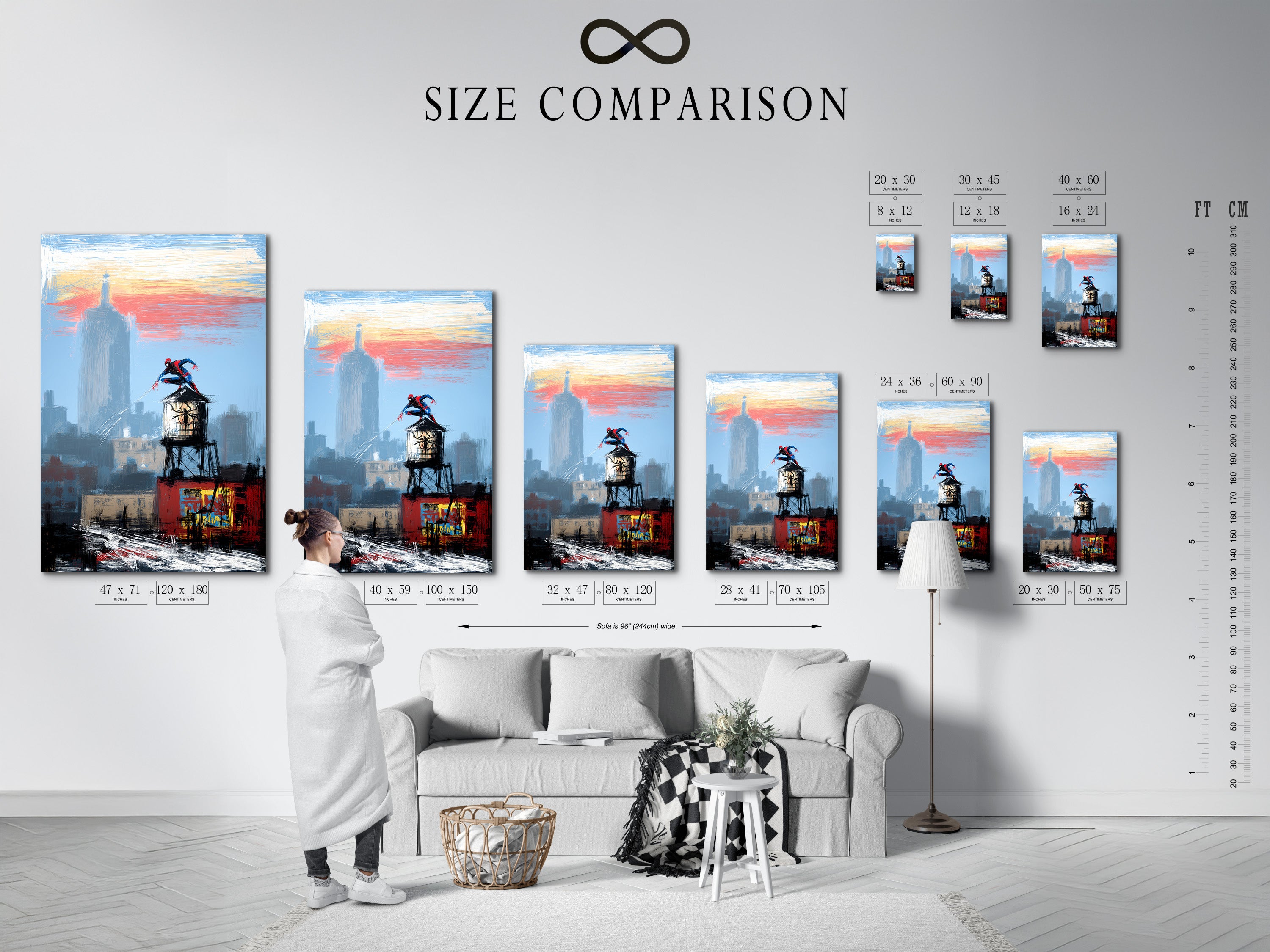 Size comparison chart displayed in an interior setting. See how different sizes of the NYC Cityscape Canvas Print fit various spaces. Plan your wall art arrangement for a superhero and urban-themed decor.