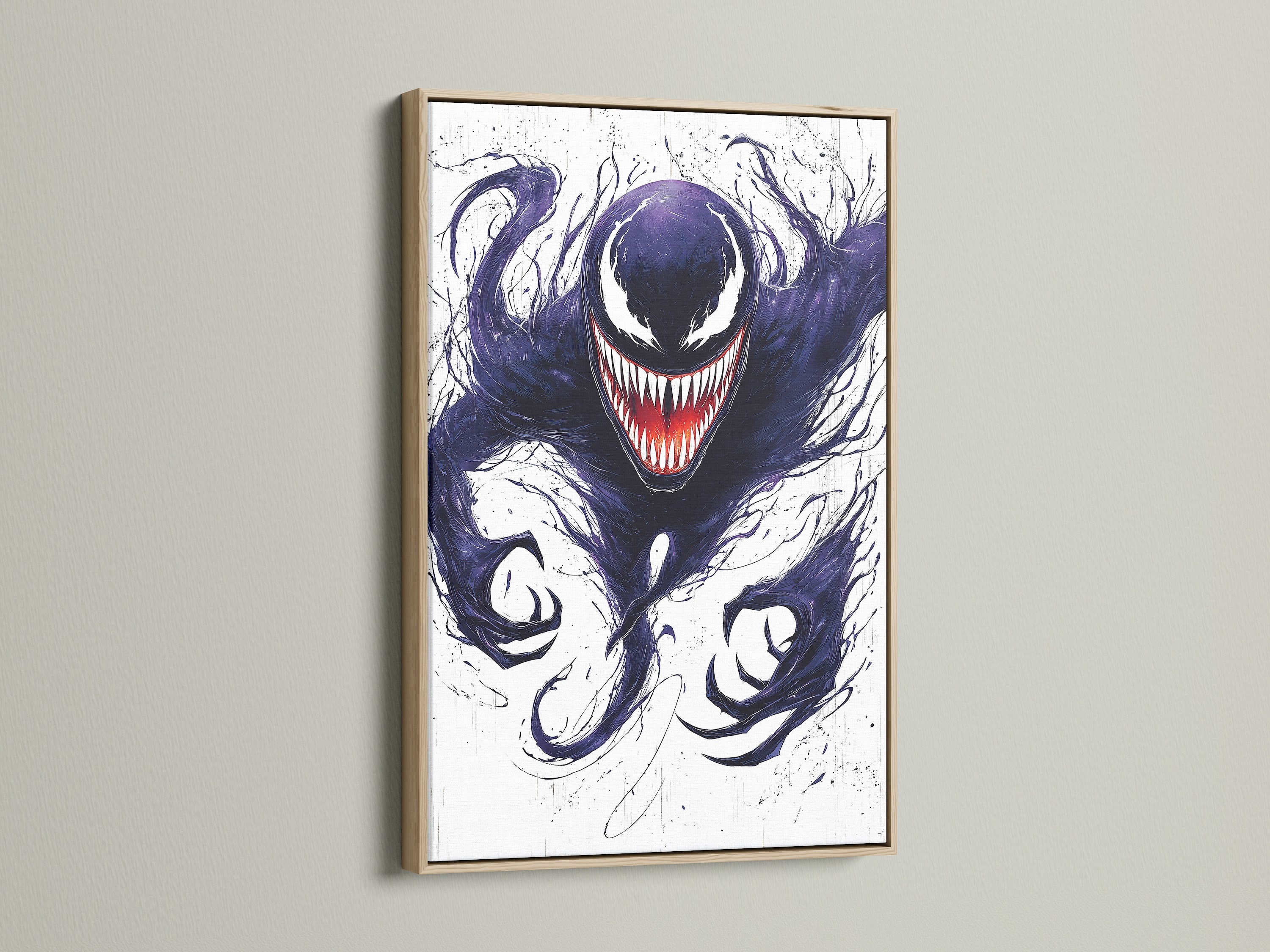 This symbiote artwork is framed in oak. The gothic monster canvas print makes a bold statement. The dark creature art enhances your geek wall decor. It is ideal for comic book and horror enthusiasts.