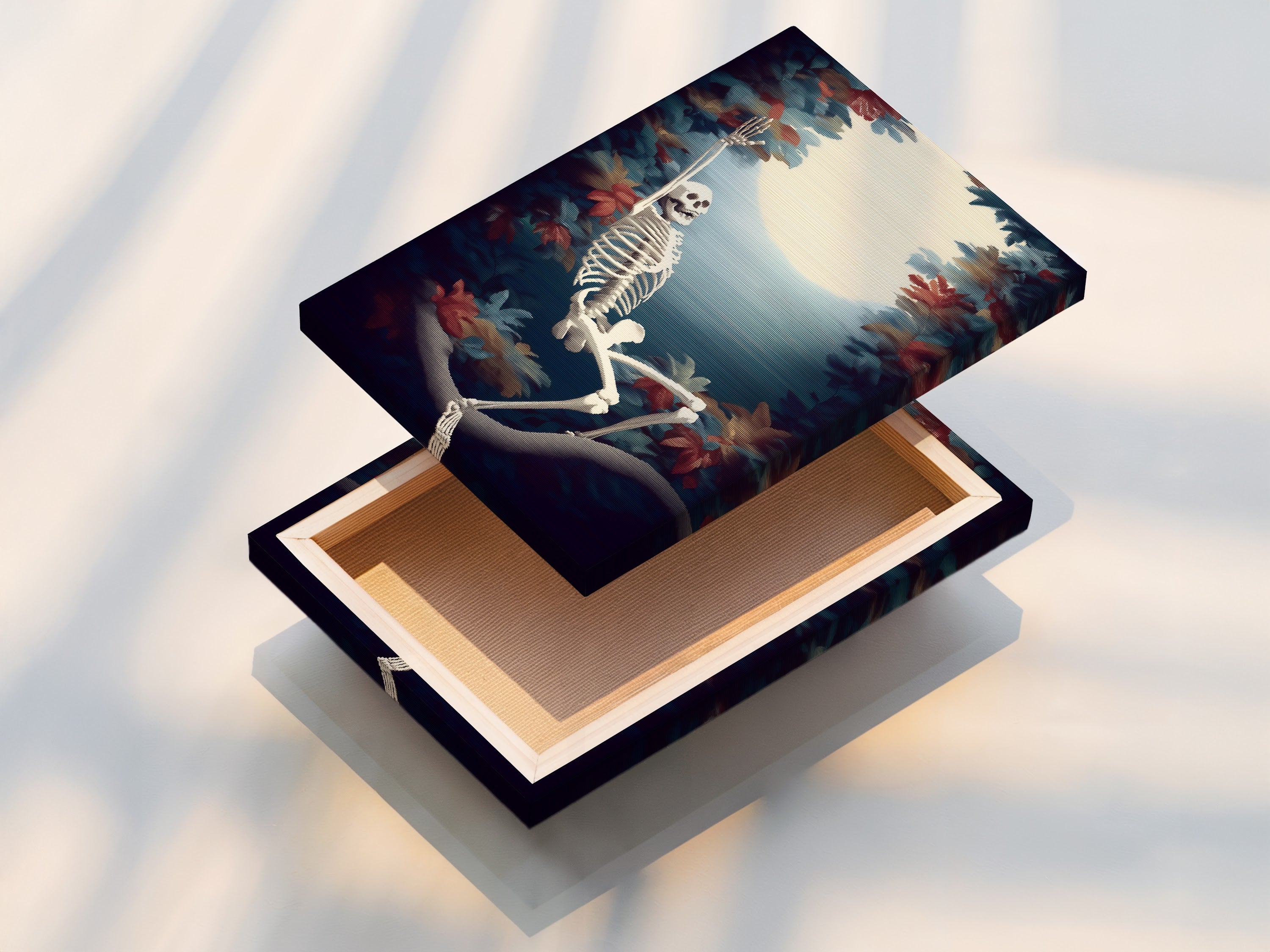 A stretched canvas print of a skeleton artwork. This piece is perfect for Halloween and year-round gothic decor. The artwork features skeleton art and autumn leaves. Shop spooky season art now.