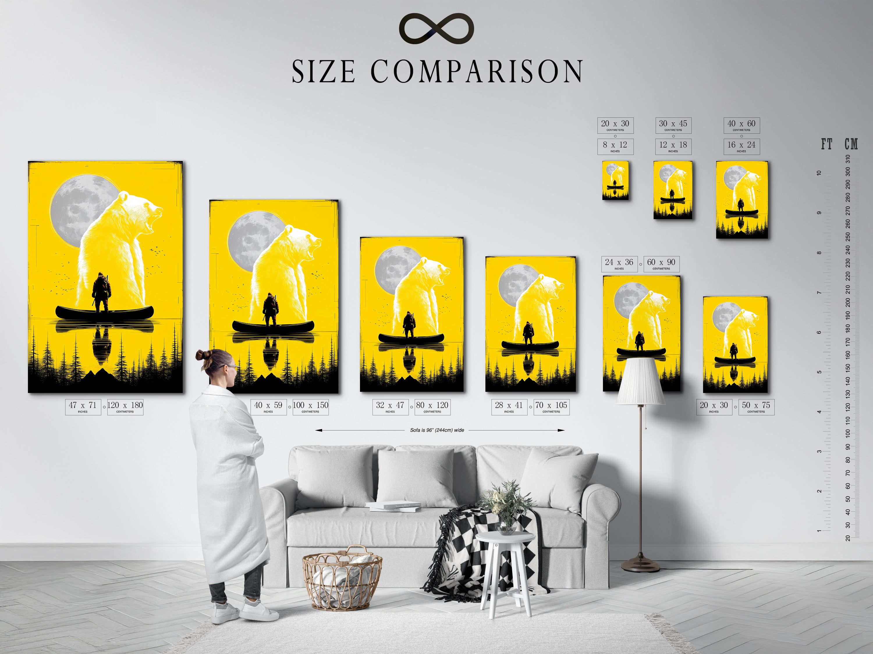 Size Comparison Chart of Grizzly Bear and Hunter Canoe Artwork. See how different sizes look in an interior setting. Choose the perfect size for your space. Visualize the yellow wildlife art print in various room settings.