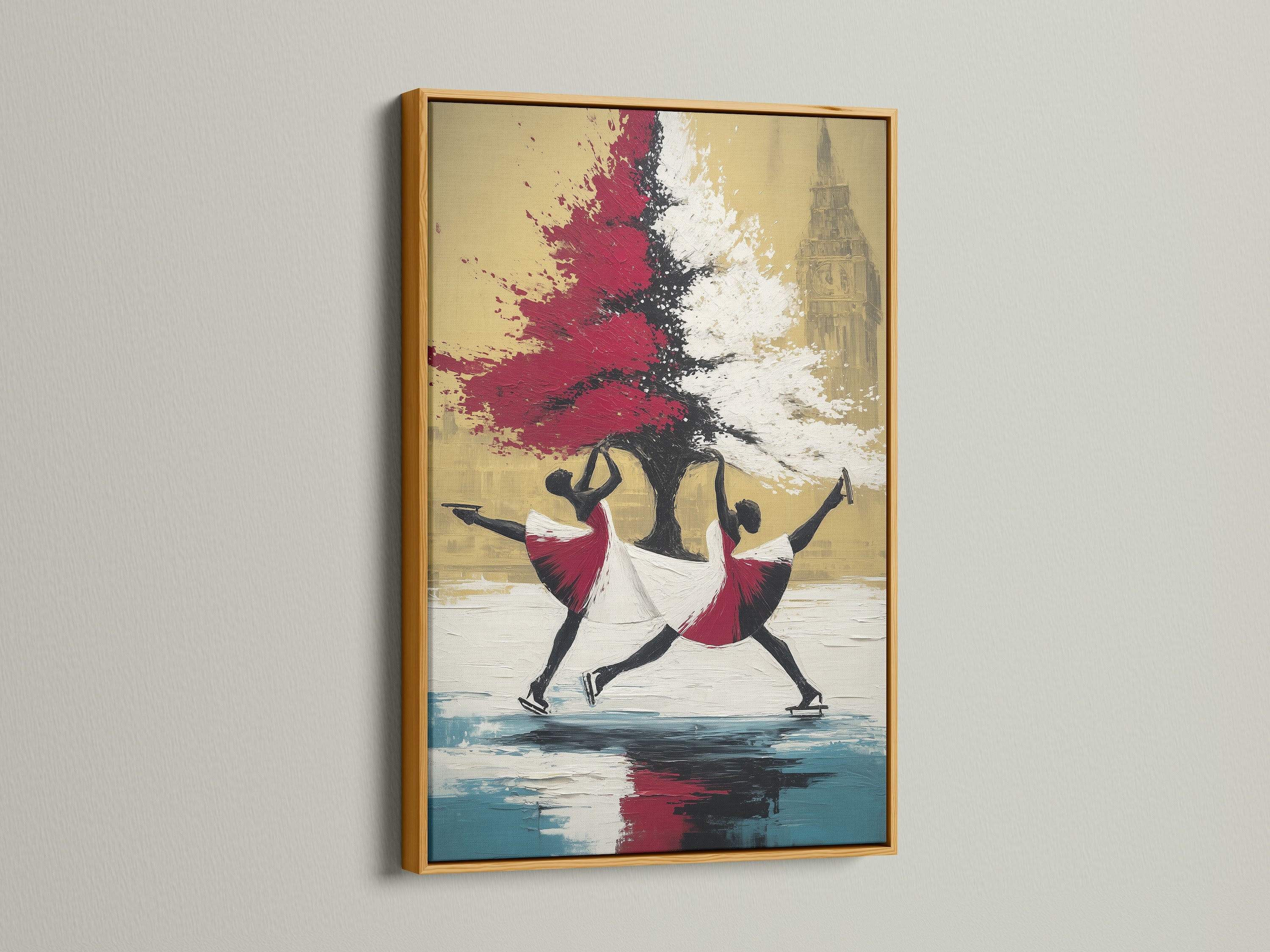 Ballet dancers canvas print in a gold frame. This elegant artwork brings a touch of luxury to your space. The red and white tones create a sophisticated look. Perfect for adding a refined touch to any room. Enhance your decor with this beautiful piece.