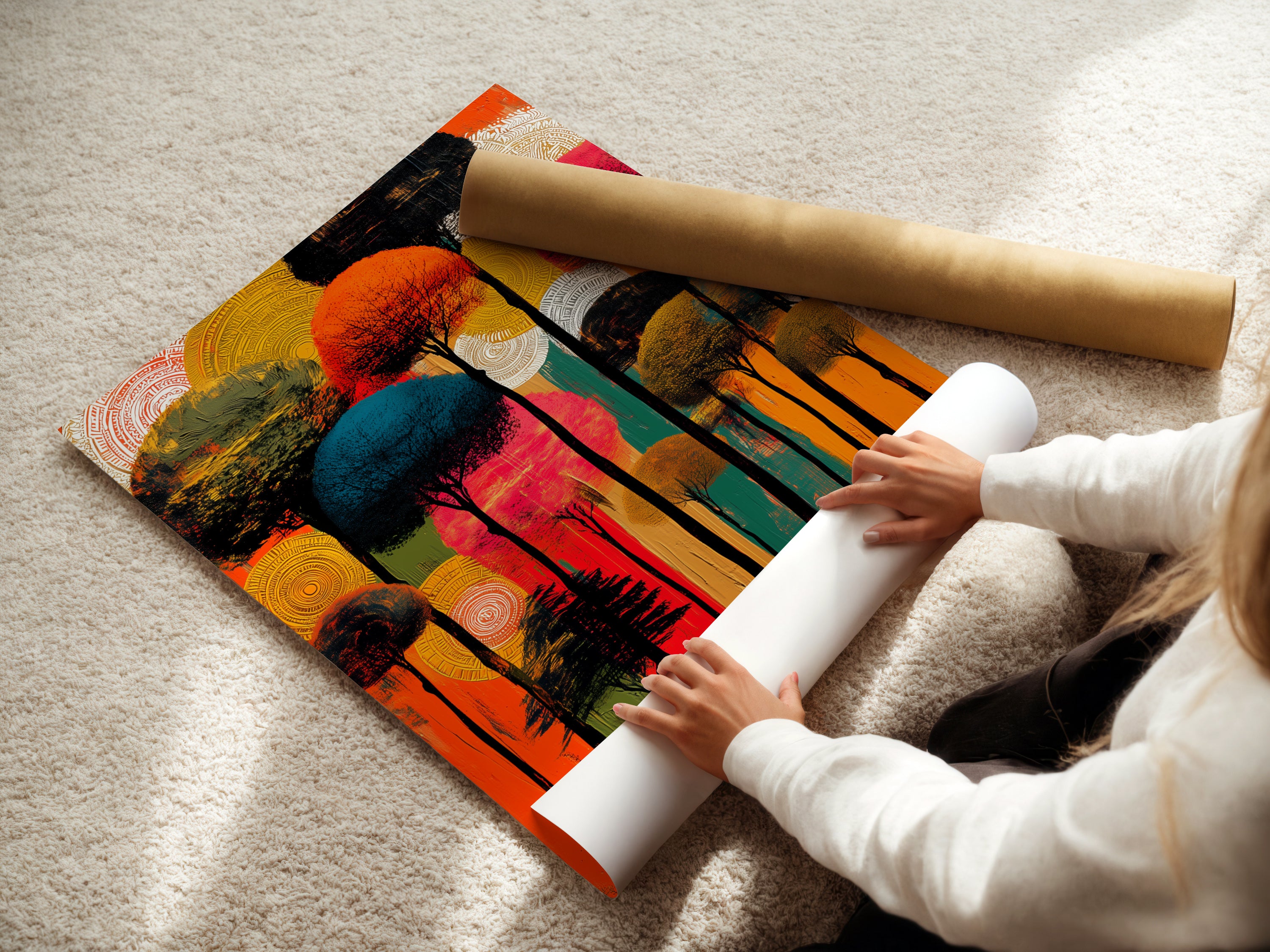 A woman is carefully rolling a fine art poster paper. The material is ideal for high-quality art prints. Perfect for abstract tree art and colorful forest canvas prints. Ensuring pristine artwork for display.