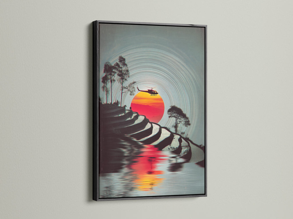 Make a bold statement with a black frame. This frame adds contrast to the retro travel poster. The helicopter print stands out even more. Perfect for business owners looking for office art. This scenic canvas is eye-catching.