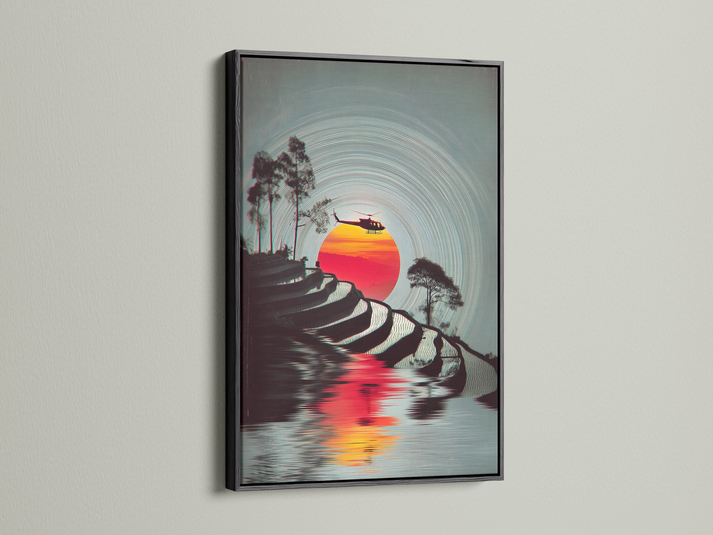 Make a bold statement with a black frame. This frame adds contrast to the retro travel poster. The helicopter print stands out even more. Perfect for business owners looking for office art. This scenic canvas is eye-catching.