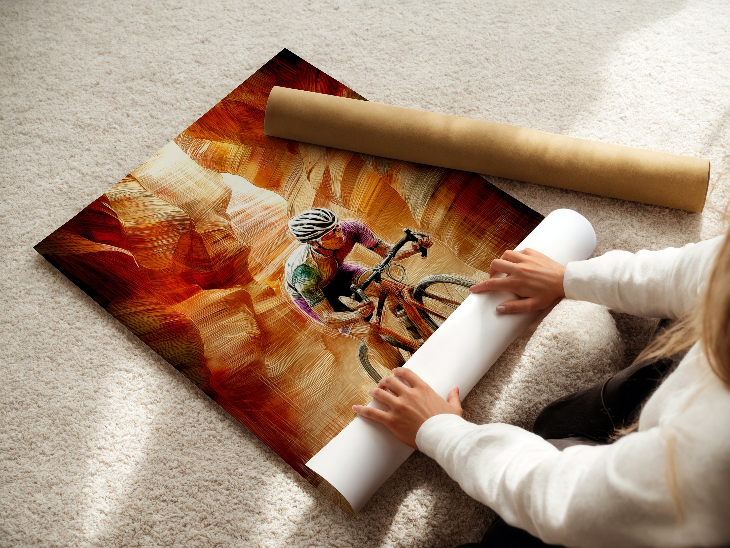 A woman is carefully rolling a fine art poster paper. The poster features cyclist art. This fine art poster paper ensures high-quality prints. Ideal for creating stunning sports artwork for your home or gym decor.