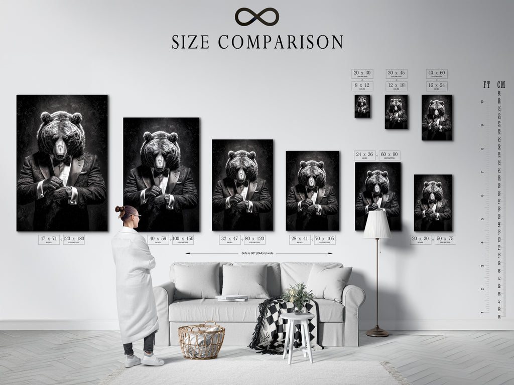 An interior setting showcases a size comparison chart for artwork. The chart helps visualize different art sizes in a room. It assists in making the right choice for your space. Use our size comparison chart to find the perfect artwork dimensions. Ensure your art fits seamlessly into your home decor. Plan your art layout effectively.