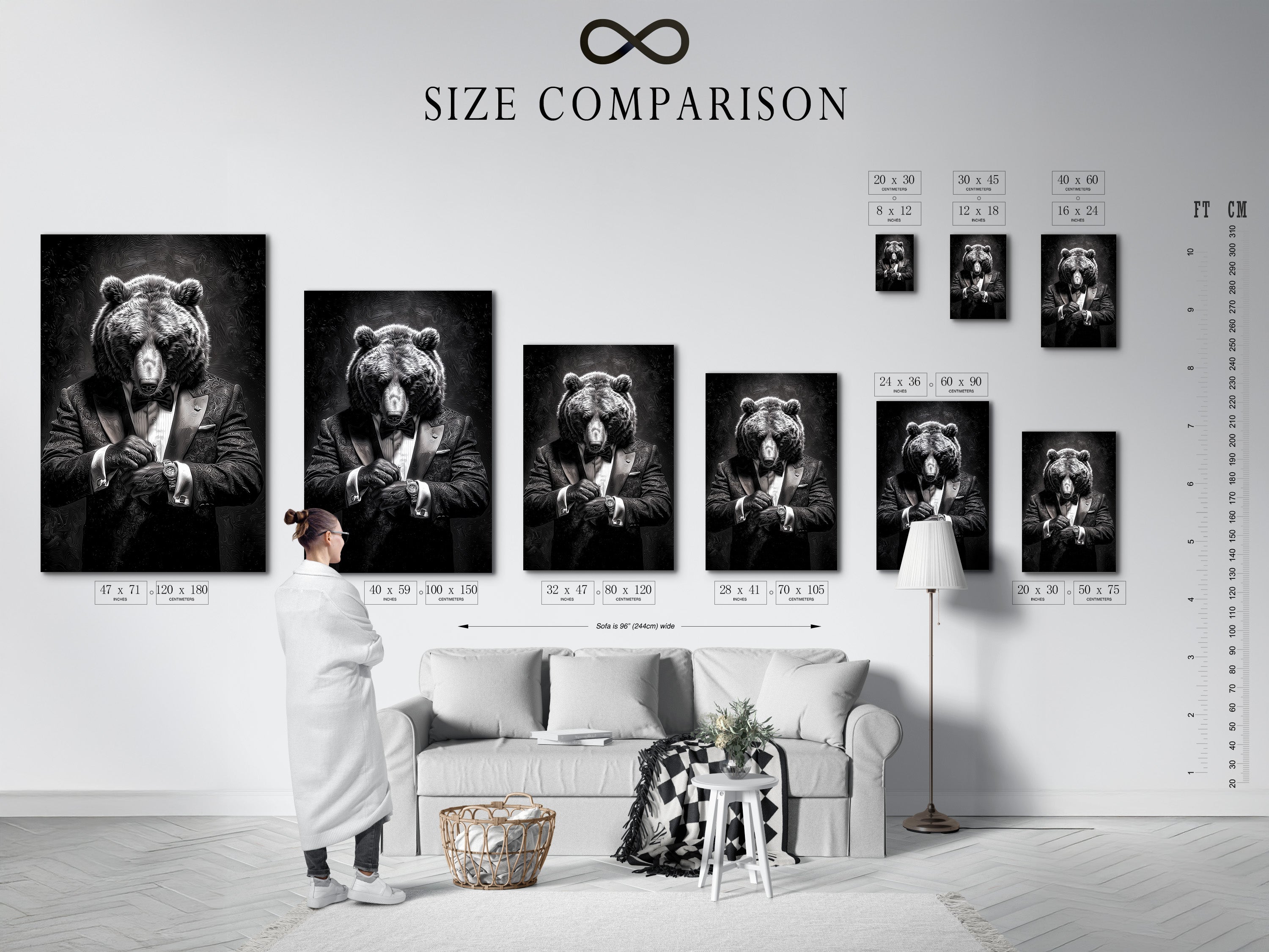 An interior setting showcases a size comparison chart for artwork. The chart helps visualize different art sizes in a room. It assists in making the right choice for your space. Use our size comparison chart to find the perfect artwork dimensions. Ensure your art fits seamlessly into your home decor. Plan your art layout effectively.
