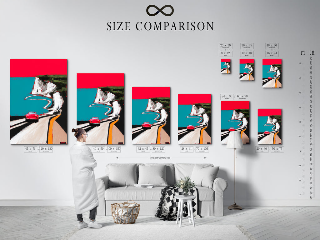 A size comparison chart in an interior setting showcasing the coastal road artwork. The chart helps you visualize the different sizes available for this mid-century modern piece. Featuring a red car on a scenic coastal route. Find the perfect size to complement your space.