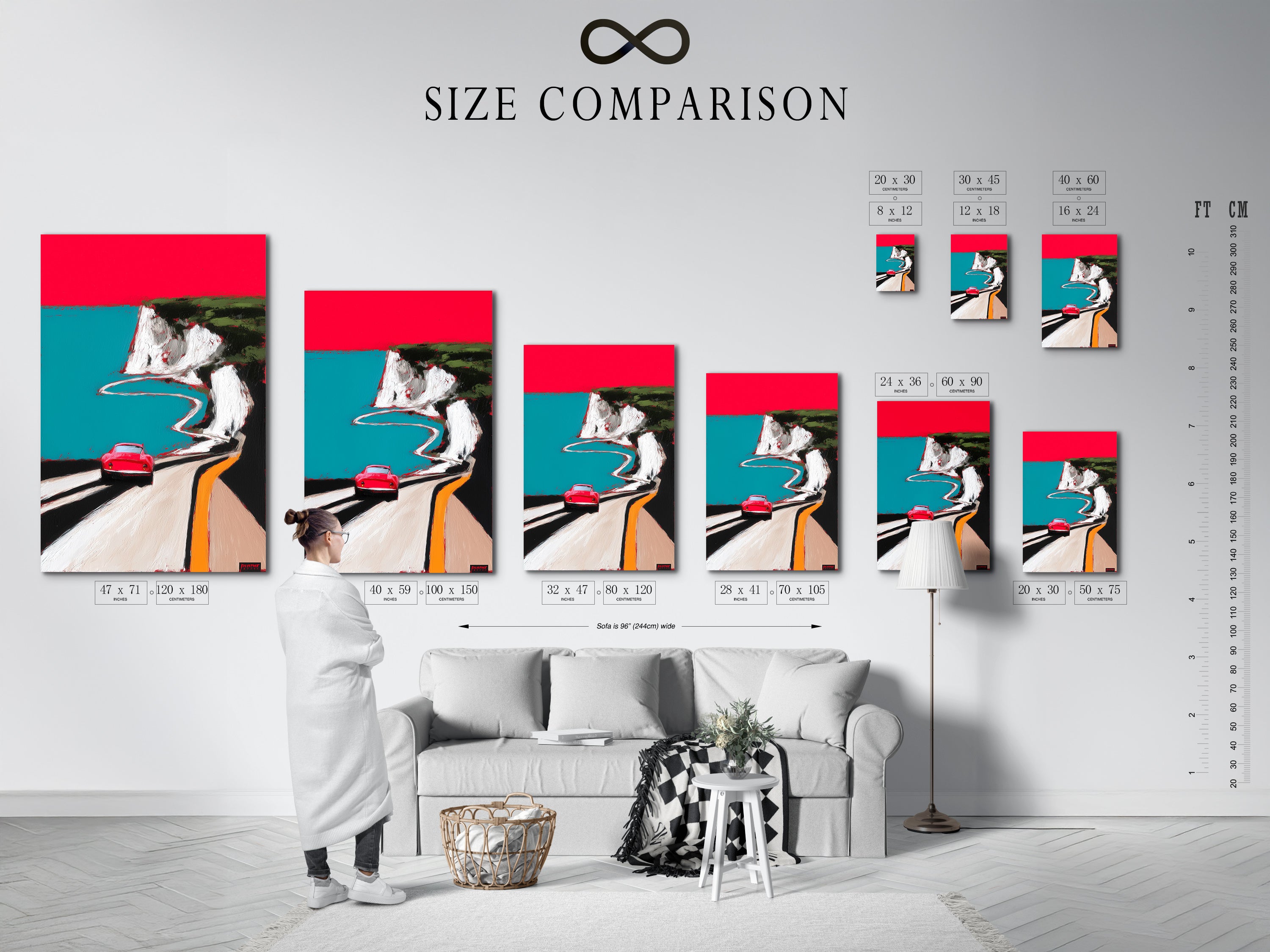 A size comparison chart in an interior setting showcasing the coastal road artwork. The chart helps you visualize the different sizes available for this mid-century modern piece. Featuring a red car on a scenic coastal route. Find the perfect size to complement your space.