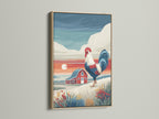 Rooster canvas print in an oak frame. This farmhouse wall art complements country kitchen decor. The red barn landscape suits dining rooms. The oak frame adds warmth to this rustic artwork. Perfect for a country home.