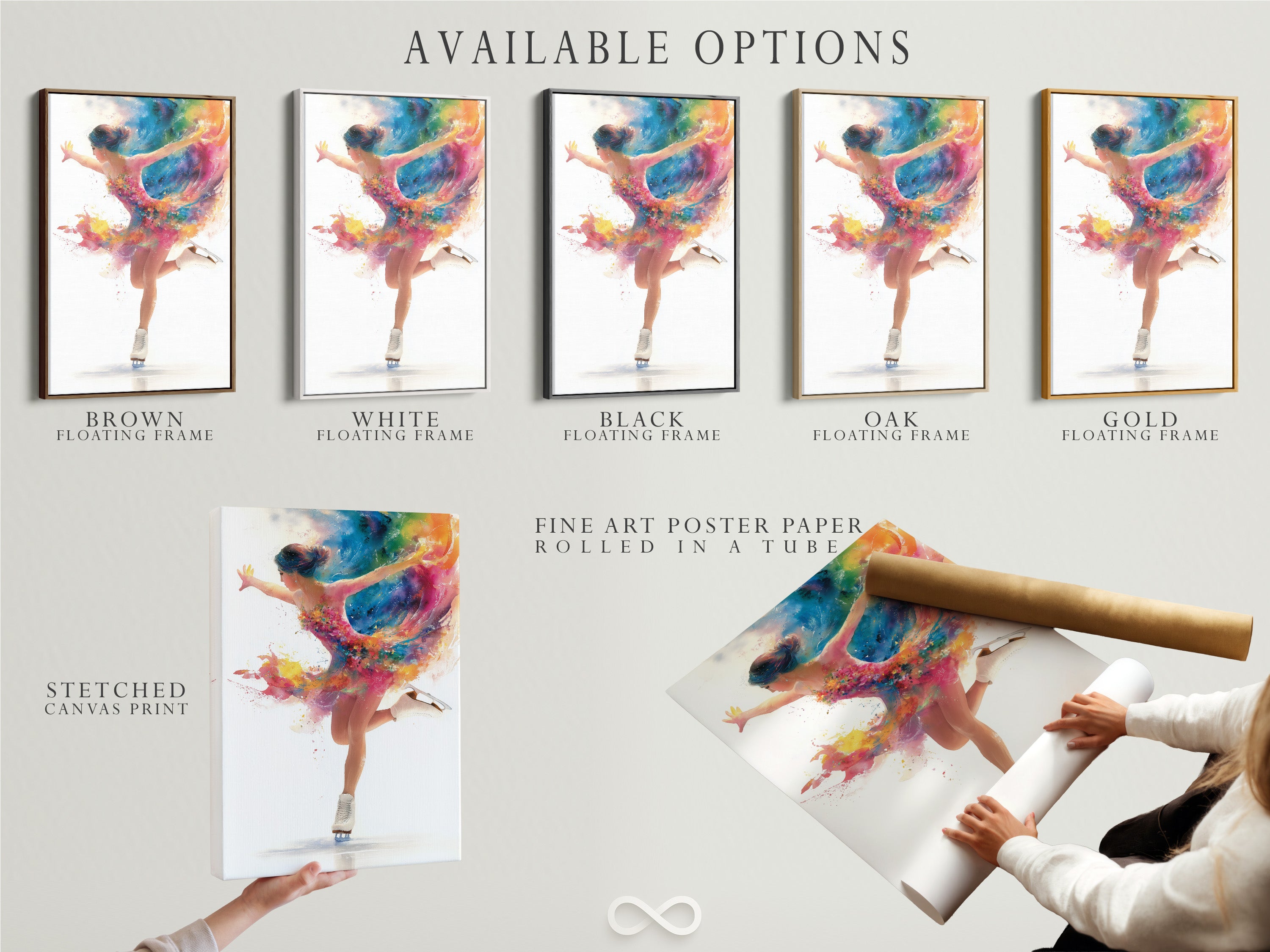 Available options include a stretched canvas print a fine art poster paper and a floating frame. Choose the perfect presentation for your dancing girl art. Enhance your space with this artistic movement piece. It is a colorful abstract dancer wall art.