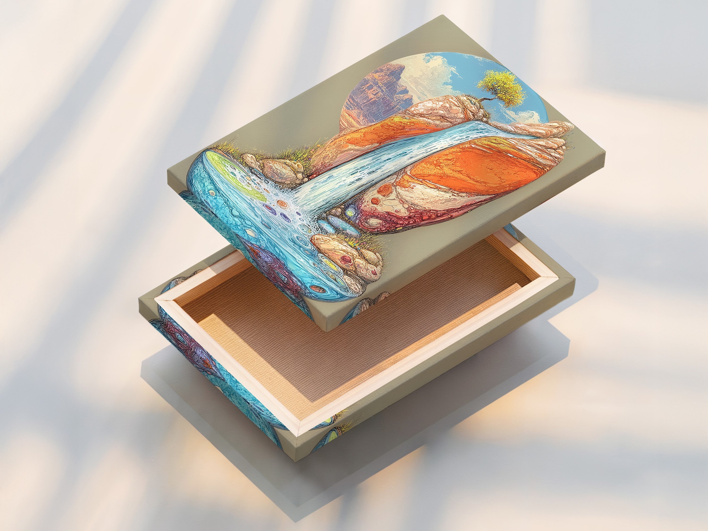 A stretched canvas print showcases the desert waterfall artwork. The southwestern landscape print is ready to hang and admire. This boho nature wall decor is perfect for bedrooms and offices. Its vibrant colors and detailed design enhance any living space.