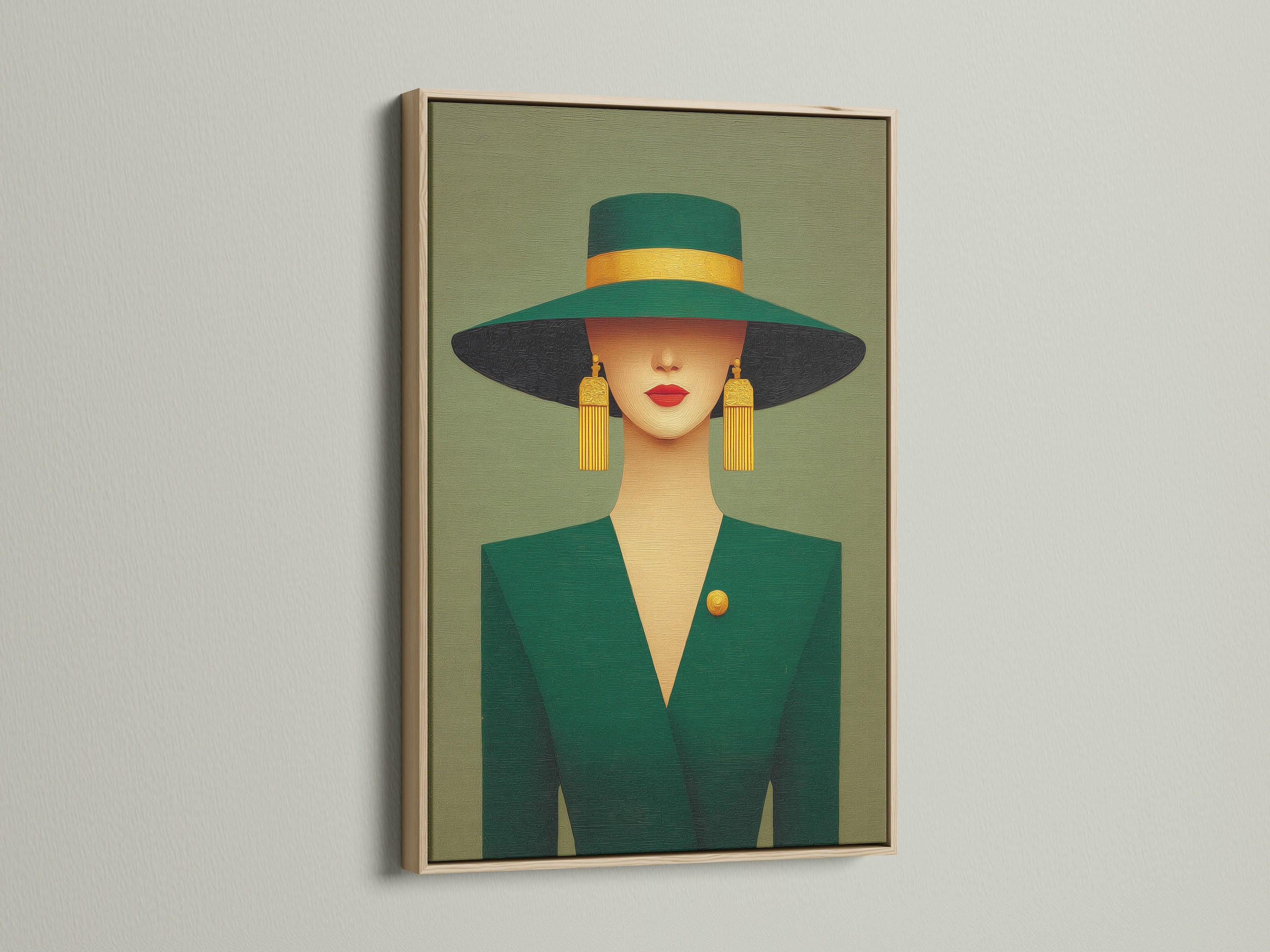 Elegant woman portrait artwork displayed in an oak frame. This art deco style print features emerald green and gold. It adds a touch of vintage fashion to any wall. The oak frame enhances the artwork's sophisticated look. Ideal for bedroom decor or living room wall art.