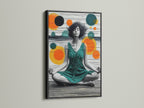 Black Frame containing Meditation Art. Enhance your yoga studio decor with this zen wall decor. The abstract woman art promotes relaxation and well-being. It is ideal for meditation rooms.