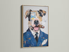 Dog portrait art in an oak frame. The artwork features a mixed media collage. This quirky animal canvas print is great for office decor. Ideal as a dog lover gift. Add a contemporary touch with this unique piece.