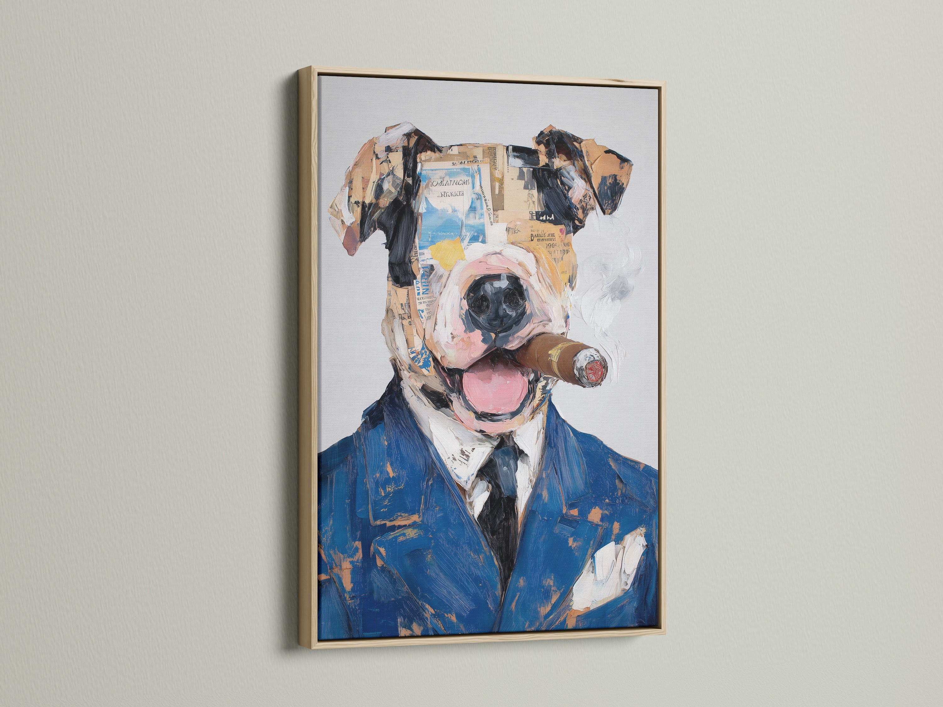 Dog portrait art in an oak frame. The artwork features a mixed media collage. This quirky animal canvas print is great for office decor. Ideal as a dog lover gift. Add a contemporary touch with this unique piece.