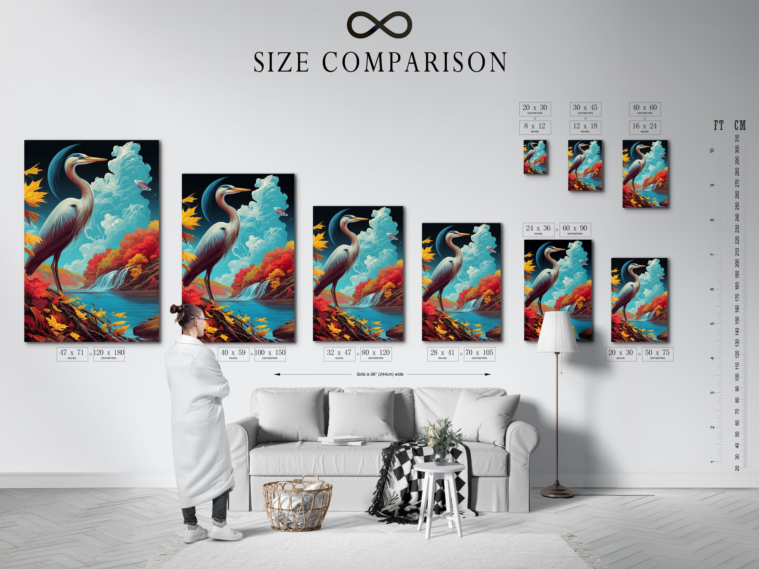 View our size comparison chart for heron artwork in interior. Find the perfect size for your living room or office. Visualize how our autumn wall art fits into your space.