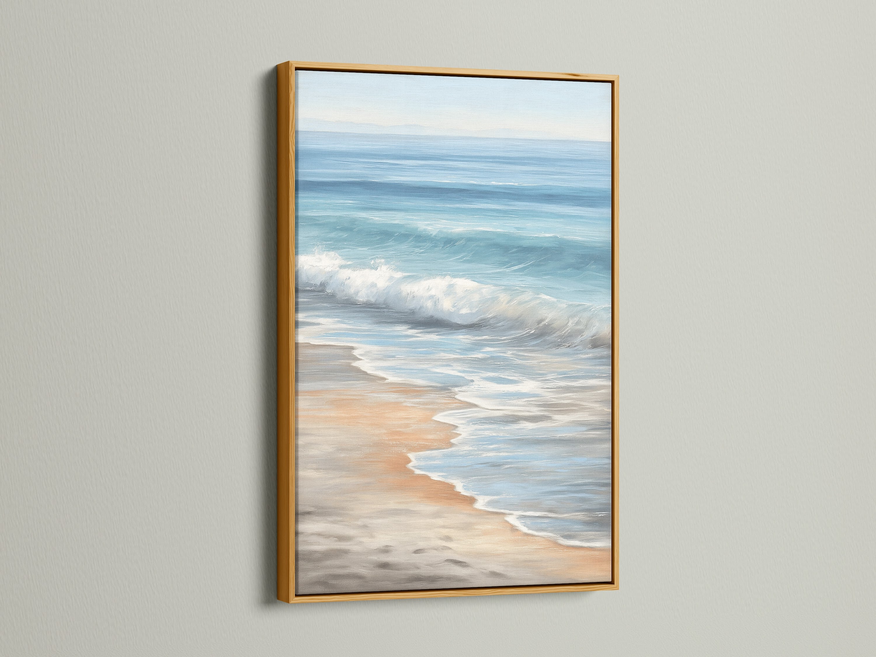 Seascape canvas print in a gold frame. This ocean art adds a touch of elegance to your home. Perfect for traditional beach styles. The coastal artwork enhances your living space. Bring the beauty of the sea indoors.