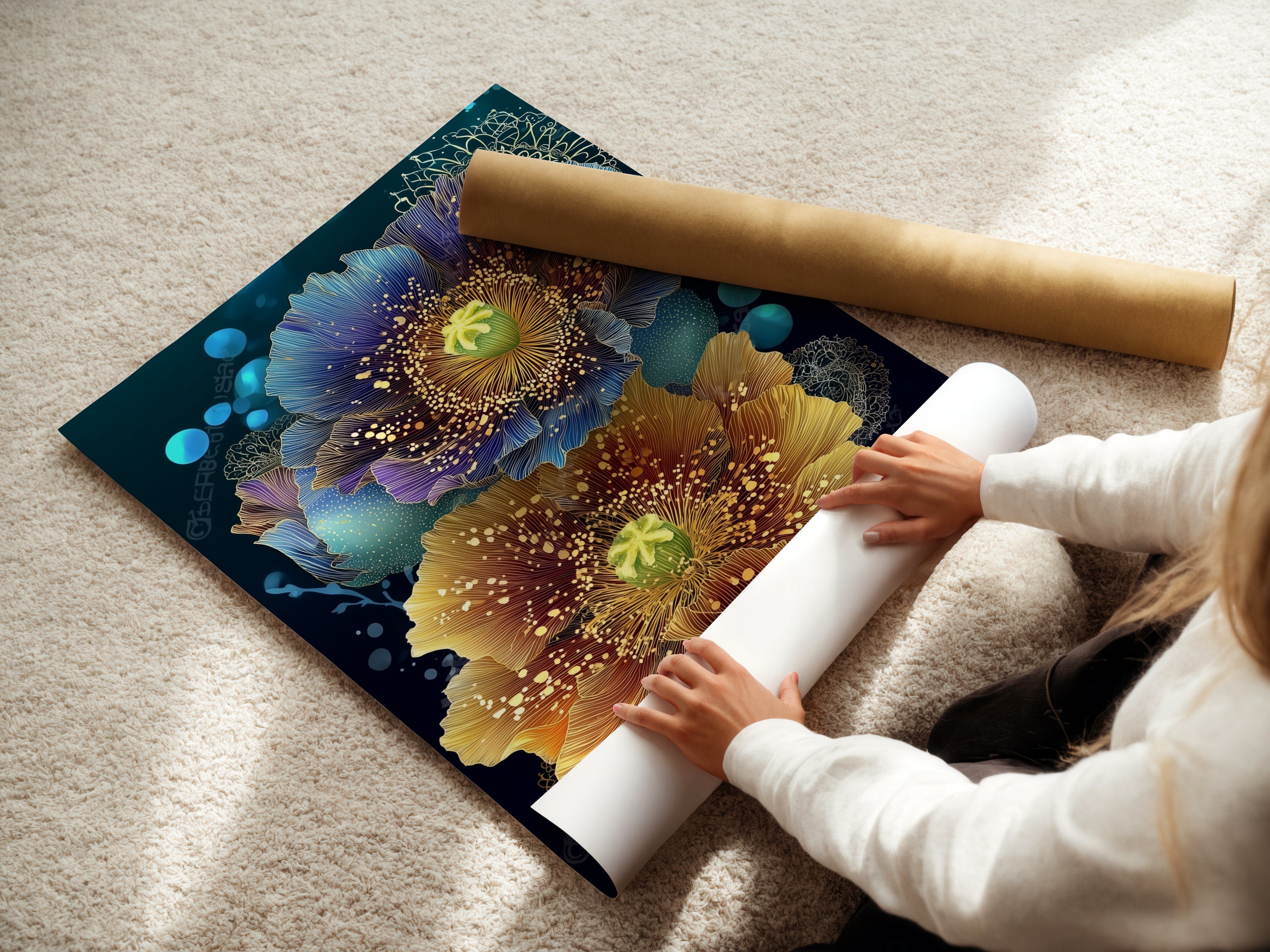 A woman is carefully rolling a fine art poster paper. The paper features a beautiful floral artwork. Perfect for creating your own unique wall art. Get your fine art poster paper today for modern artwork!