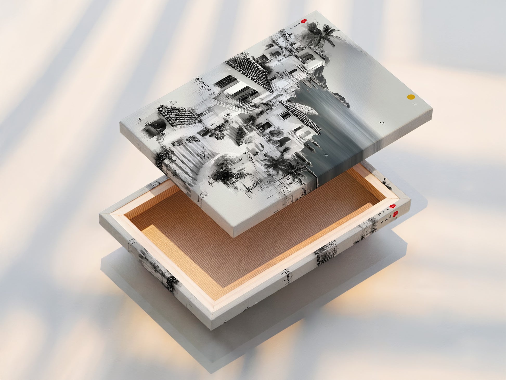 A stretched canvas print of the Coastal Village artwork. The black and white seascape brings a touch of the Mediterranean. The stretched canvas is ready to hang. A perfect addition to any room.