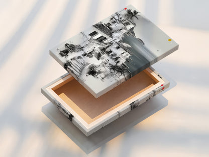 A stretched canvas print of the Coastal Village artwork. The black and white seascape brings a touch of the Mediterranean. The stretched canvas is ready to hang. A perfect addition to any room.