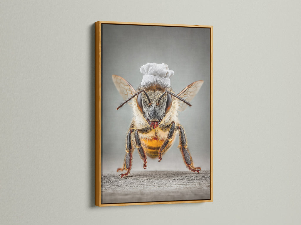 Chef Bee artwork features a gold frame. This adds a touch of elegance. This is ideal quirky kitchen artwork. The whimsical bee print is perfect for dining rooms. The gold frame brings a luxurious feel to the piece.
