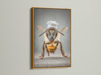 Chef Bee artwork features a gold frame. This adds a touch of elegance. This is ideal quirky kitchen artwork. The whimsical bee print is perfect for dining rooms. The gold frame brings a luxurious feel to the piece.