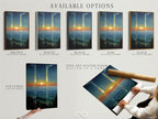 Explore the available options for our mountain sunset artwork. Choose between a stretched canvas print. Opt for fine art poster paper or a floating frame. Customize your modern artwork to suit your style.