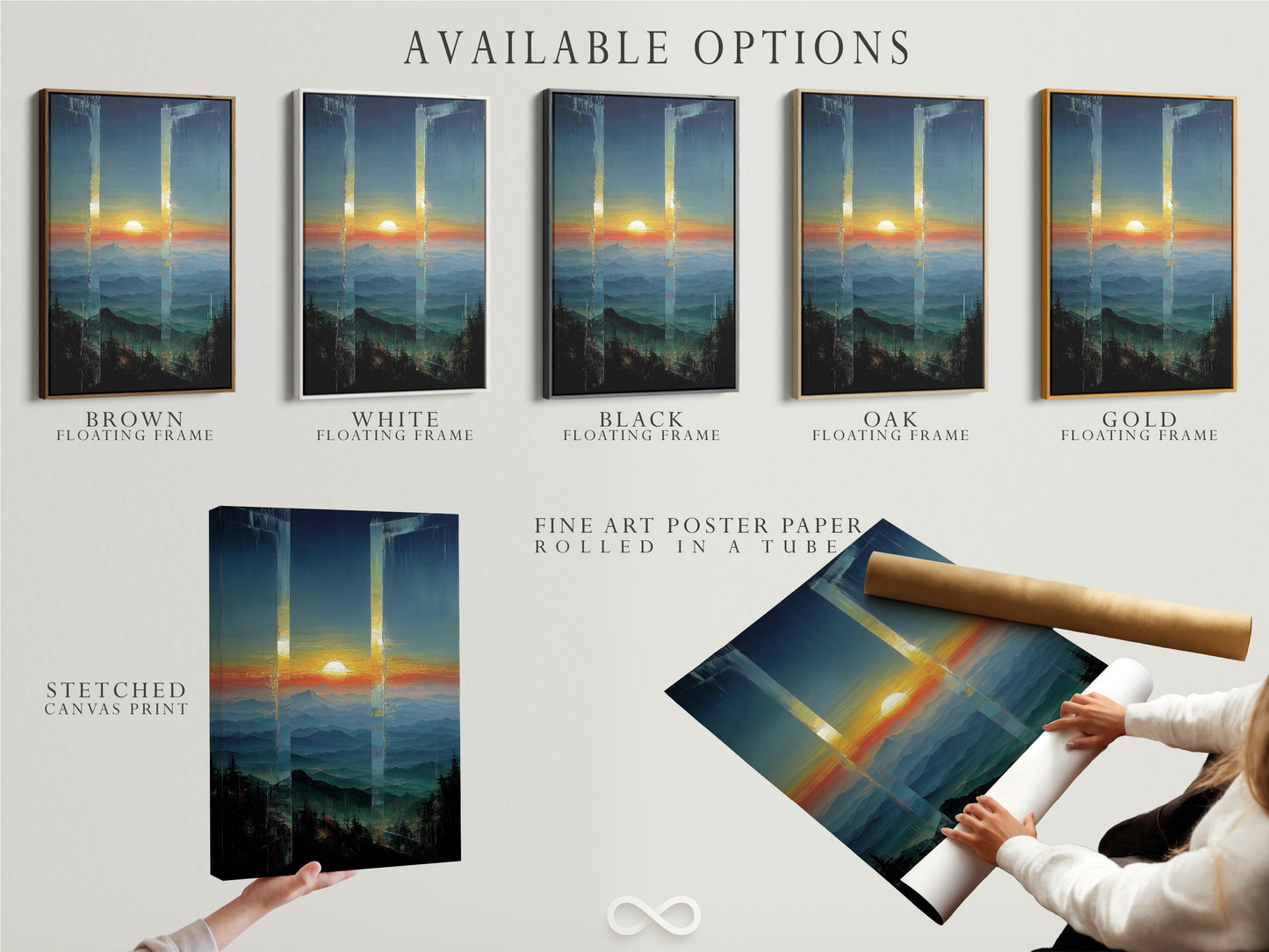 Explore the available options for our mountain sunset artwork. Choose between a stretched canvas print. Opt for fine art poster paper or a floating frame. Customize your modern artwork to suit your style.