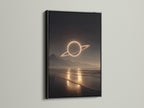 The artwork is showcased in a sleek black frame. The art features a planet over a serene beach at night. A black frame adds a touch of sophistication. It creates a bold contrast. This frame enhances the artwork's visual impact.