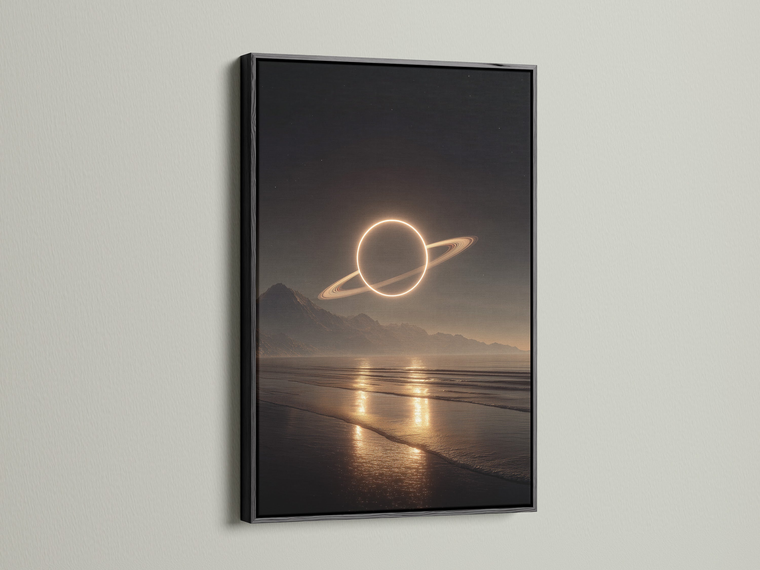 The artwork is showcased in a sleek black frame. The art features a planet over a serene beach at night. A black frame adds a touch of sophistication. It creates a bold contrast. This frame enhances the artwork's visual impact.