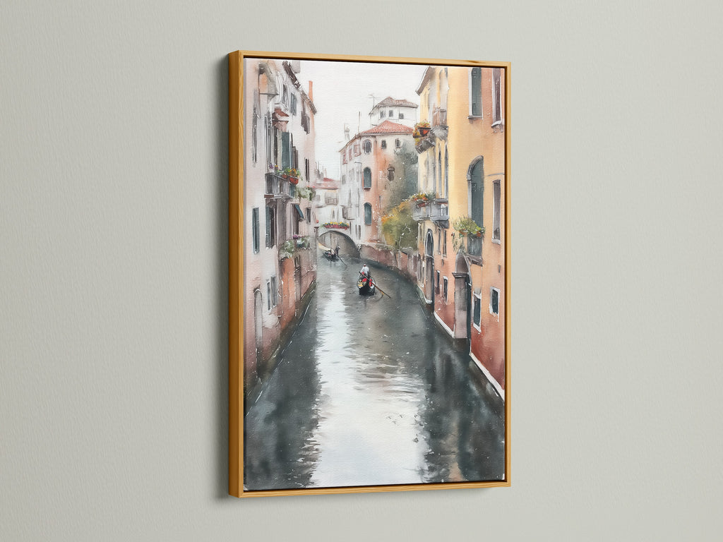 A gold frame highlights this Venice Canal artwork. The European cityscape canvas brings a luxurious feel to dining room decor. Consider this Italian artwork for your travel agency or Italian restaurant.