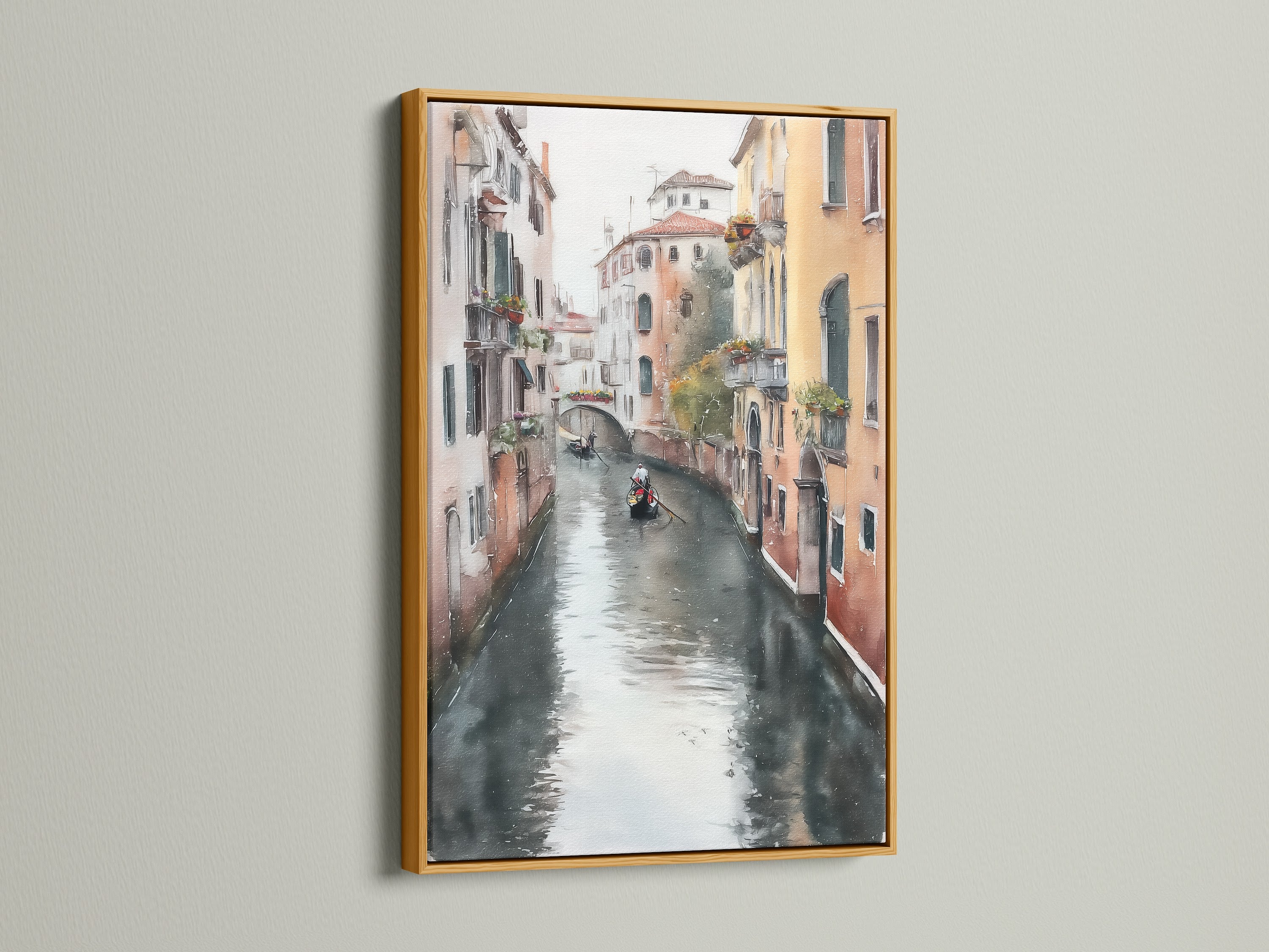 A gold frame highlights this Venice Canal artwork. The European cityscape canvas brings a luxurious feel to dining room decor. Consider this Italian artwork for your travel agency or Italian restaurant.