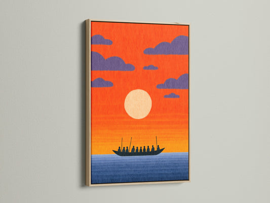 Sunset Boat artwork in an oak frame. This nautical wall art features a vibrant orange sky. Perfect for coastal decor. The oak frame complements the artwork's natural tones. Enhance your living space today.