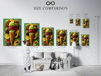 A size comparison chart is displayed in an interior setting. It helps visualize different art print sizes. Compare small medium and large sizes. This ensures the perfect fit for your space. Choose the ideal size for your artwork. Create a gallery wall with ease.