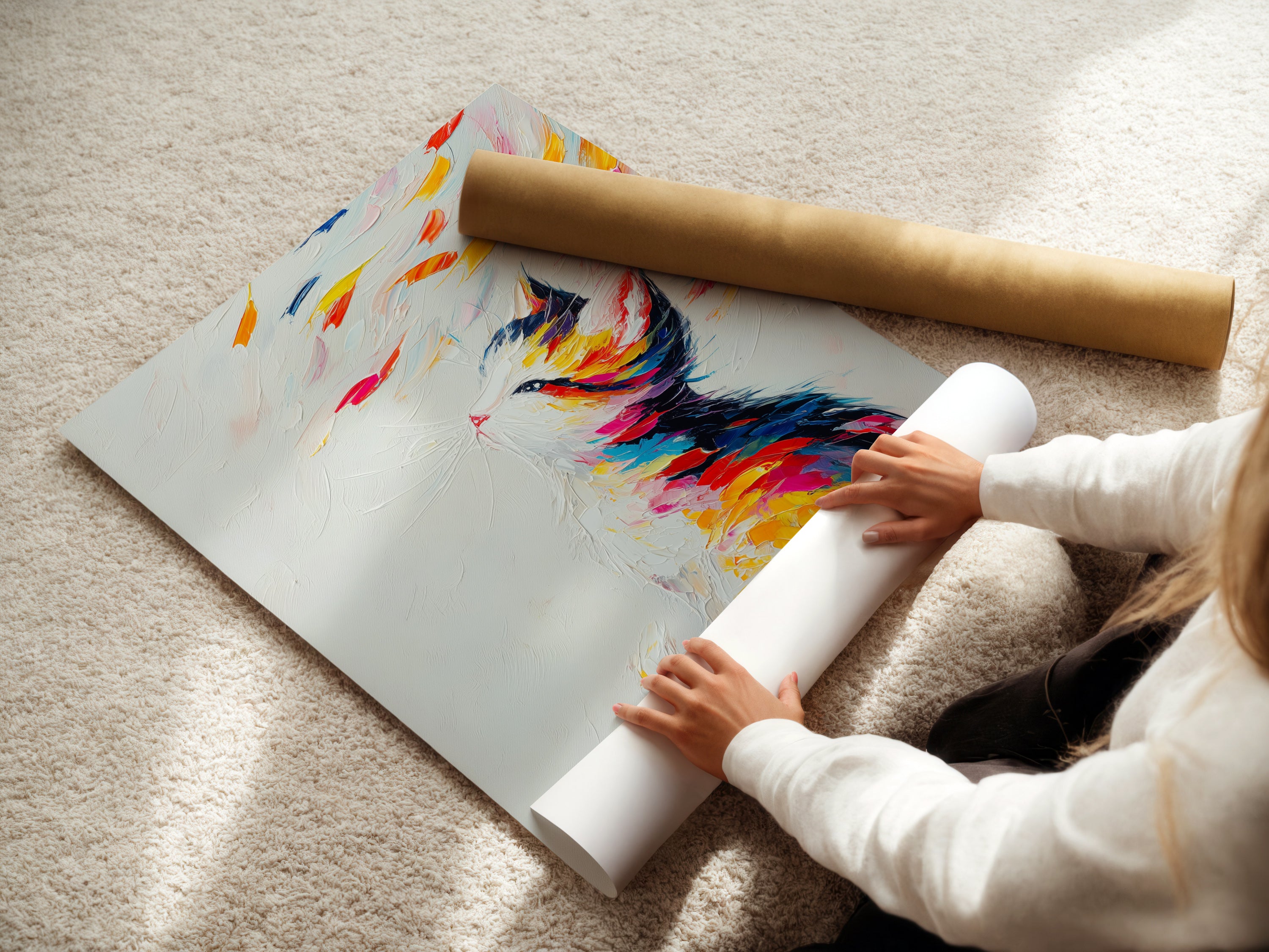 A woman is carefully rolling a fine art poster paper. The paper features a colorful cat artwork. This abstract pet print is ready for framing. It provides a versatile decor option. Perfect for adding a vibrant touch to your walls. Explore the possibilities of fine art prints.