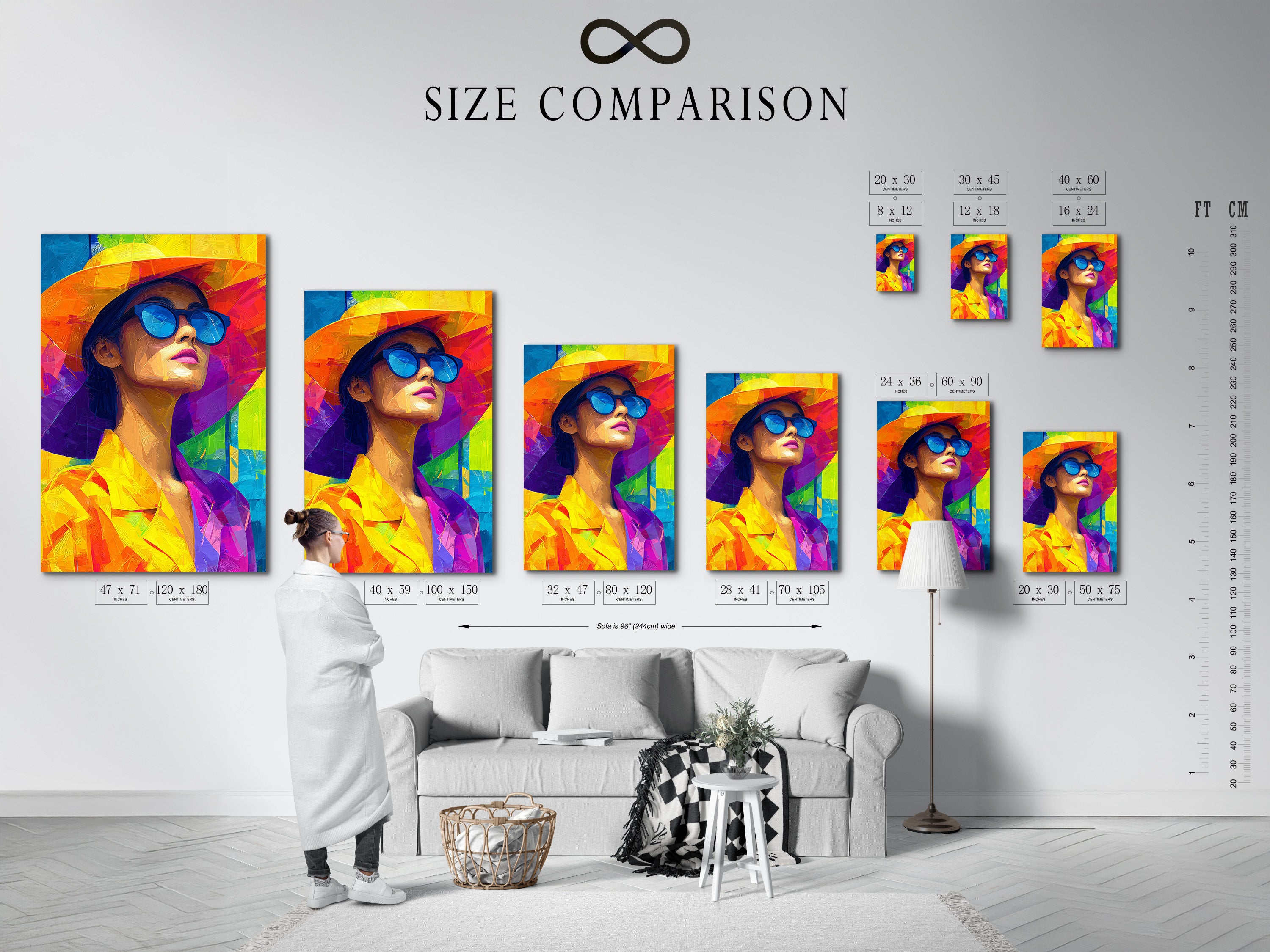 This is a size comparison chart in an interior setting. The chart helps visualize different art sizes. It shows how they fit in a room. This provides a useful reference. It aids in selecting the perfect art piece for any space. Get the right size for your space.