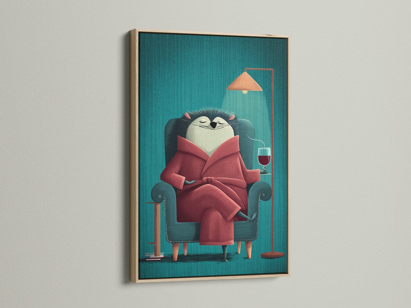 This is the Reading Hedgehog artwork displayed in an oak frame. The warm tones of the oak enhance the art's cozy feel. Perfect for adding literary charm to any room. This hedgehog wall art is ideal for a reading nook or study. A great bibliophile gift.