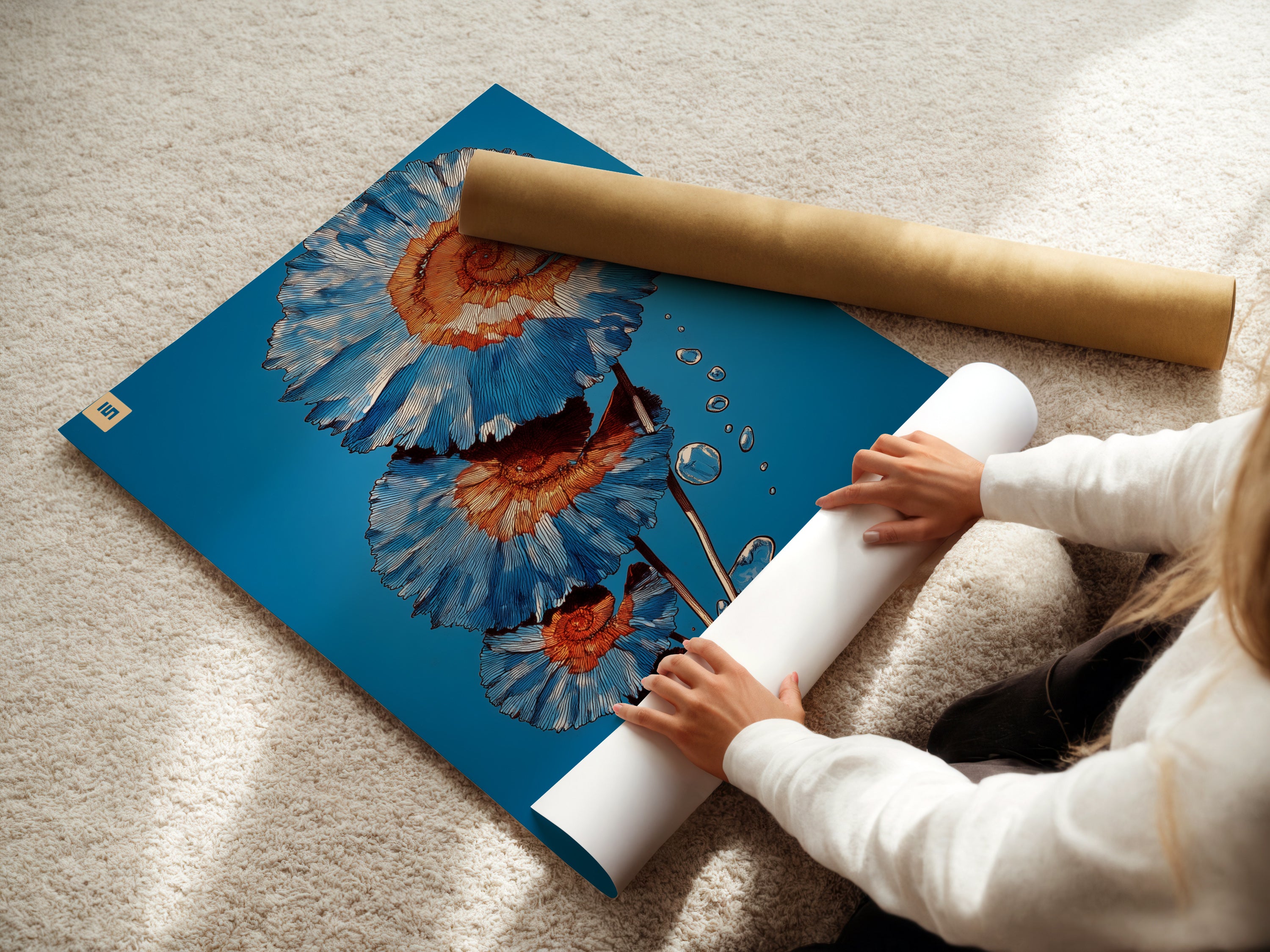 A woman carefully rolls a fine art poster paper. She is preparing a spiral flower artwork. The teal and coral botanical print is ready to be framed. This modern floral art is perfect for office wall decor. A contemporary flower art print.