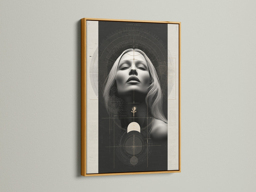 Goddess artwork print in a gold frame. This unique piece combines sacred geometry with a mystical woman portrait. Perfect for spiritual home decor and adding a touch of divine feminine art to your space. Ideal for living rooms bedrooms and meditation spaces.