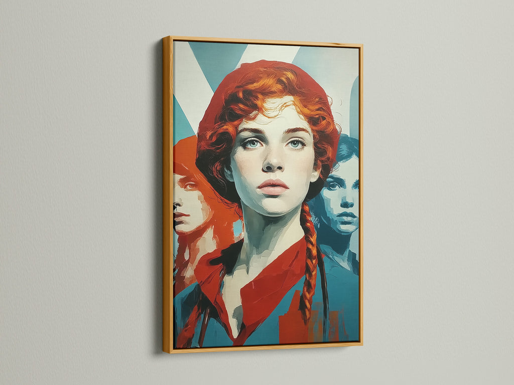 Retro Woman Art in a Gold Frame. This vintage pop art style wall decor is perfect for a bedroom or office space. The artwork features red hair and teal orange hues. Elevate your space with this modern portrait.