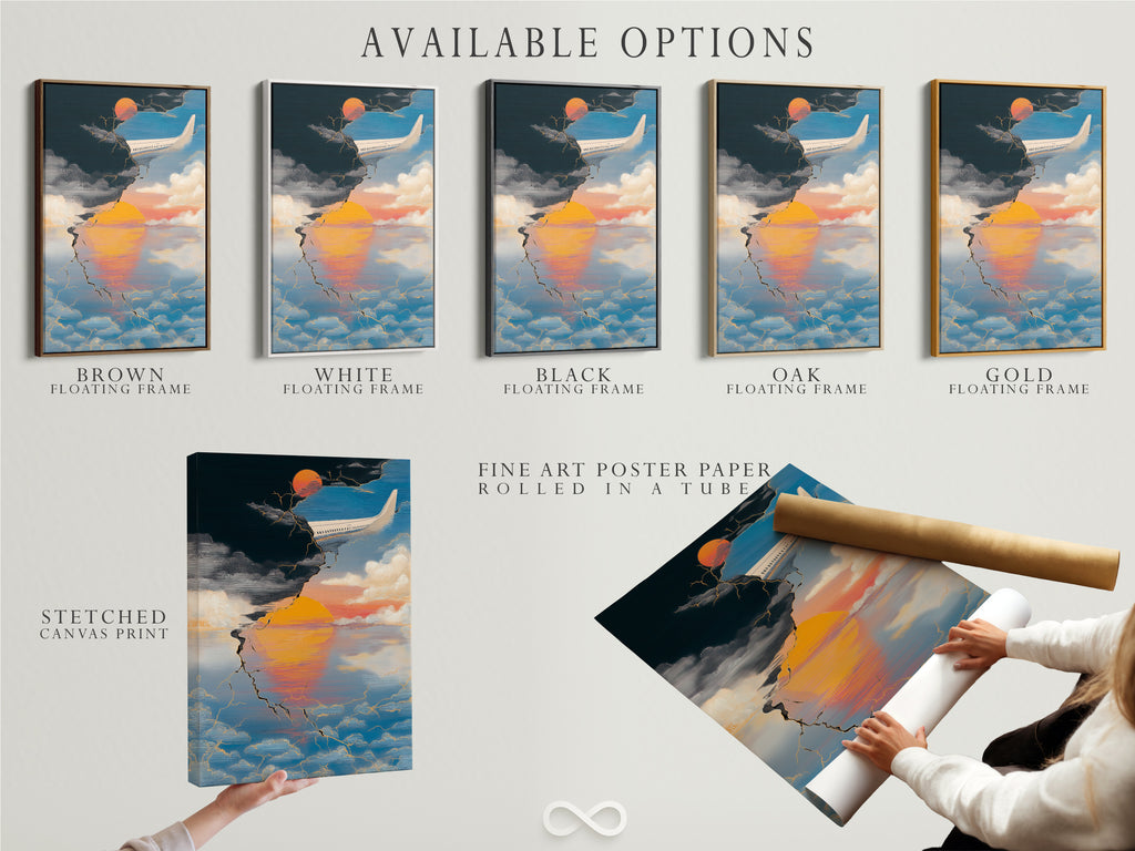 Available options include a stretched canvas print fine art poster paper and a floating frame. Choose the perfect format for your aviation travel poster. The abstract sunset wall art is customizable.