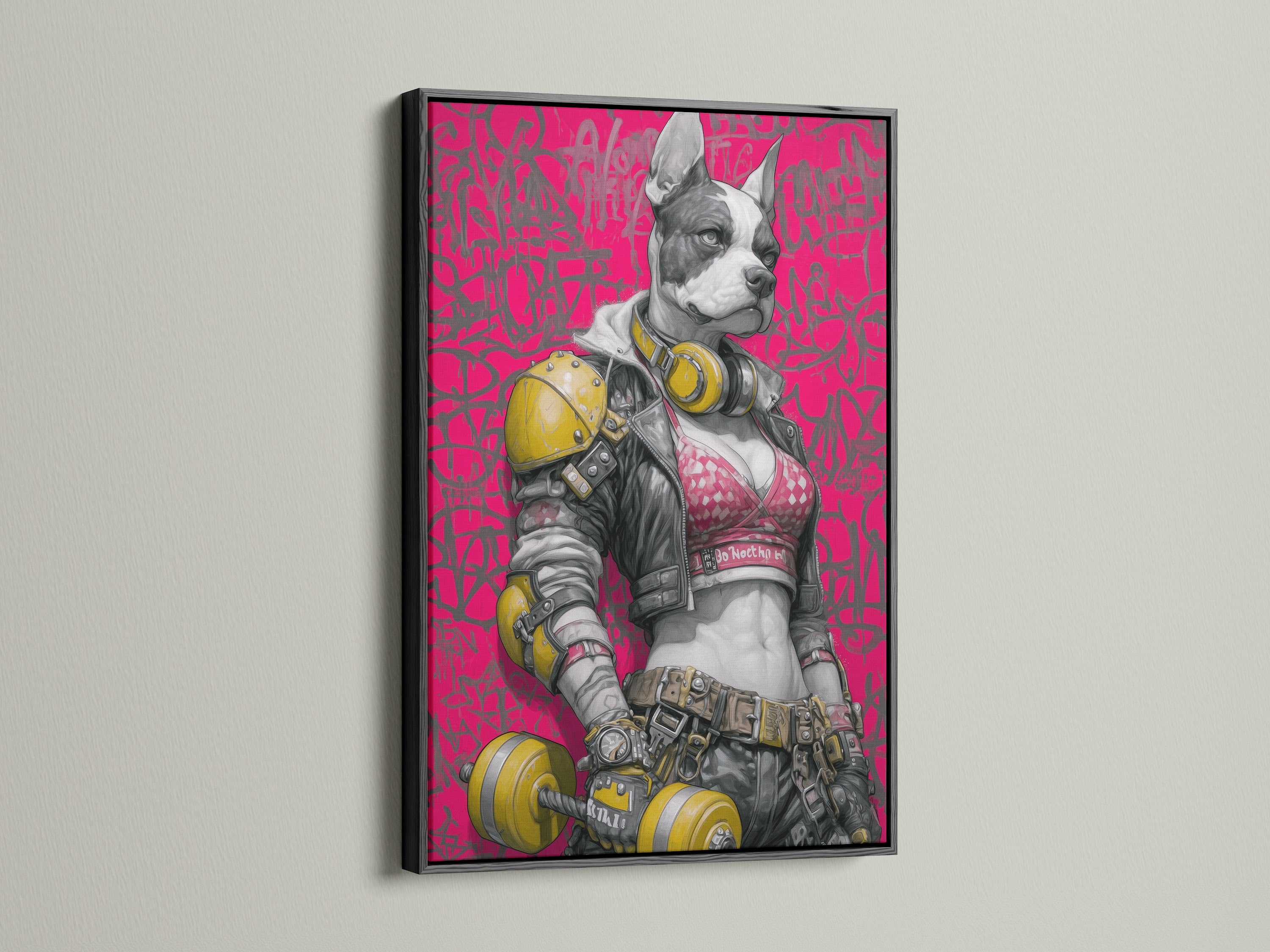 Cyberpunk Dog art print in a black frame. This urban wall art features a futuristic French Bulldog. The neon pink street art canvas is great for gym wall art. Add a sci fi art print to your modern home. It's a bold statement piece for art collectors.