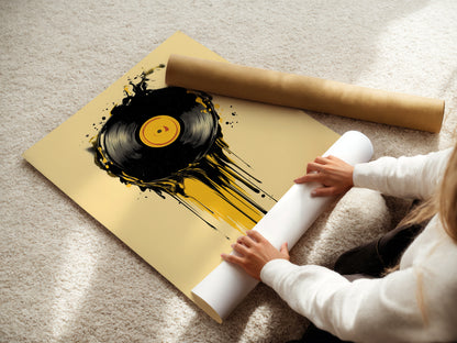 A woman is carefully rolling a fine art poster paper. The fine art poster paper ensures high-quality prints. She is preparing the artwork for framing. This image highlights the care in handling fine art prints. Get your artwork printed on premium poster paper.