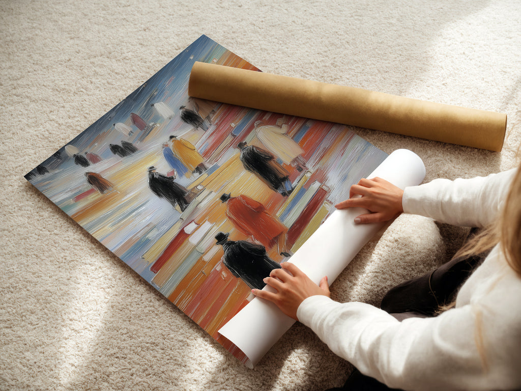 A woman carefully rolls a fine art poster paper print of Figures on Books. This high-quality print is perfect for framing. It is an affordable way to add modern artwork to your study room or library. The artwork is a thoughtful gift for students and professors.